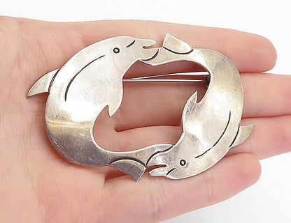 MEXICO 925 Sterling Silver  Vintage Double Dolphin Love Brooch Pin  BP2379