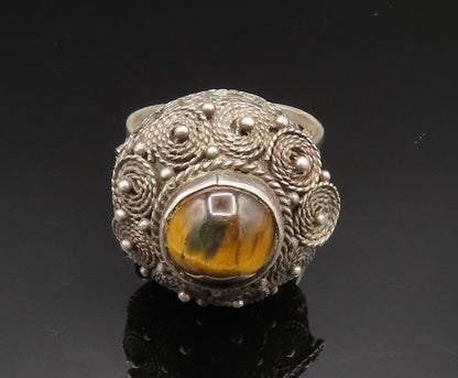 ISRAEL 925 Silver  Vintage Beaded Rope Spiral Tiger's Eye Ring Sz 9  RG24956