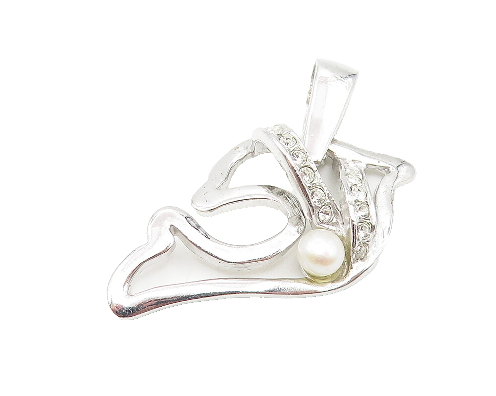 925 Sterling Silver  Petite Pearl & Topaz Shiny Dolphin Motif Pendant  PT8999
