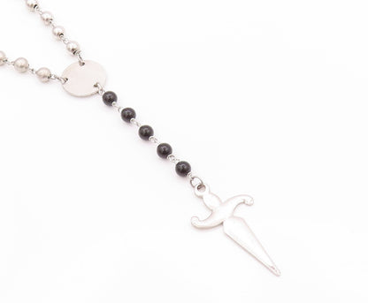 925 Sterling Silver Vintage Necklace Onyx & Linked Beads Dancing Figure  NE4565