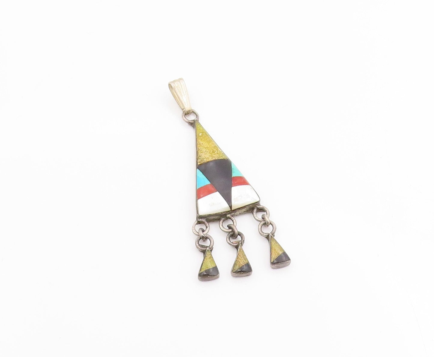 925 Sterling Silver Vintage Pendant SOUTHWESTERN Multi Gemstone Inlay PT25671