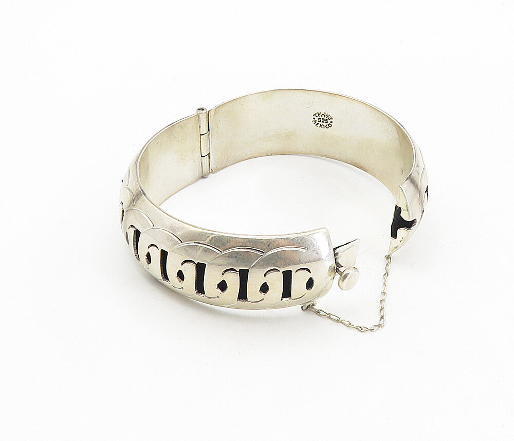 MEXICO 925 Sterling Silver Vintage Cutout Pattern Bangle Bracelet BT4000