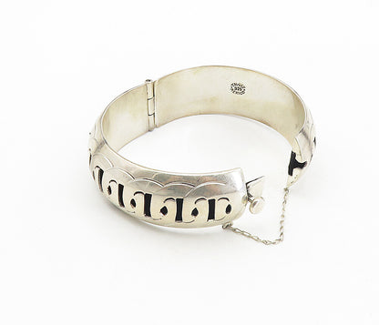 MEXICO 925 Sterling Silver Vintage Cutout Pattern Bangle Bracelet BT4000