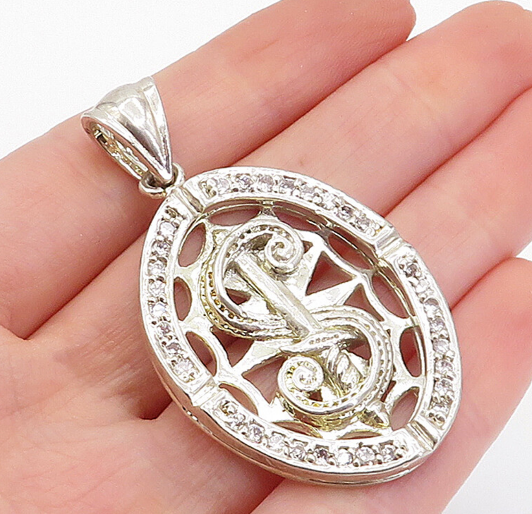 925 Sterling Silver  Vintage Shiny White Topaz Dollar Sign Pendant  PT2548