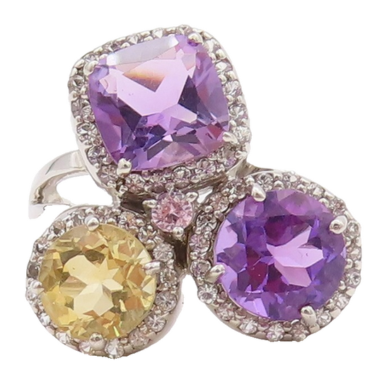 925 Sterling Silver Vintage Ring Round & Square Amethyst Citrine Sz 7.5  RG29867