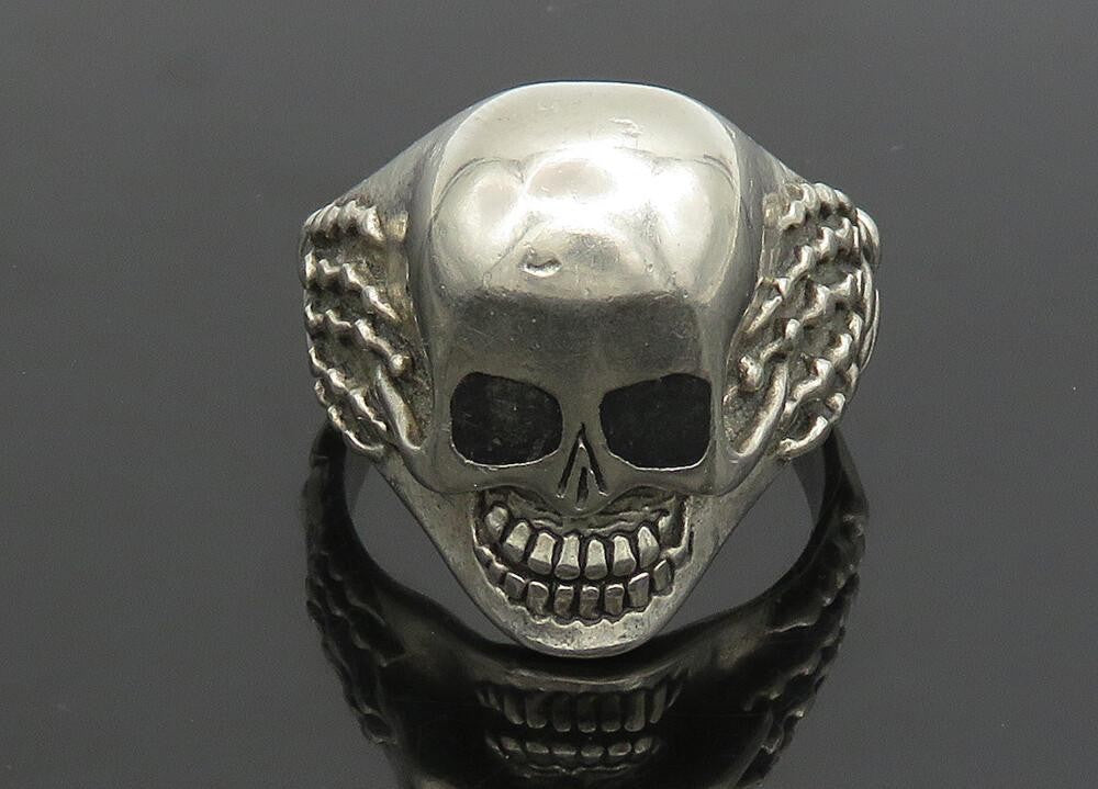 925 Sterling Silver  Vintage Large Skeleton Head Biker Ring Sz 14  RG23325
