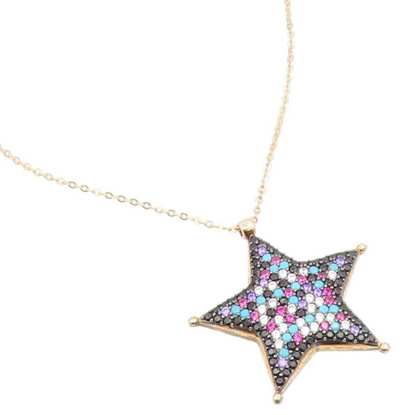 925 Sterling Silver Vintage Necklace Gold Plated Multi Gemstone Star  NE4848