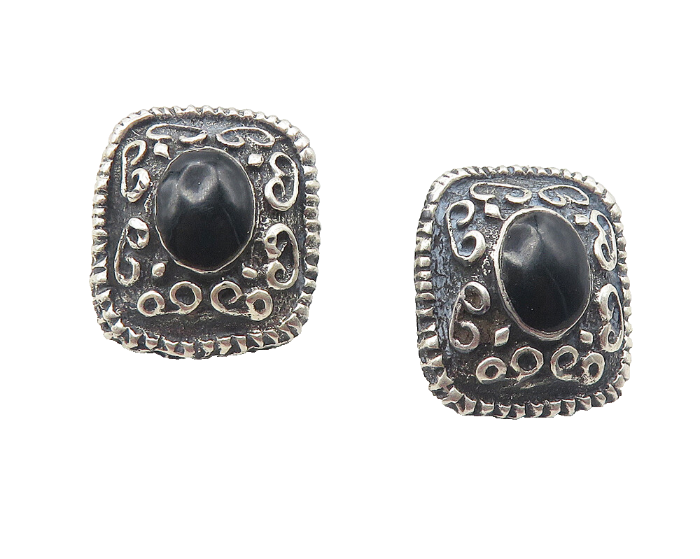 925 Sterling Silver  Vintage Black Onyx Swirl Pattern Drop Earrings  EG6091