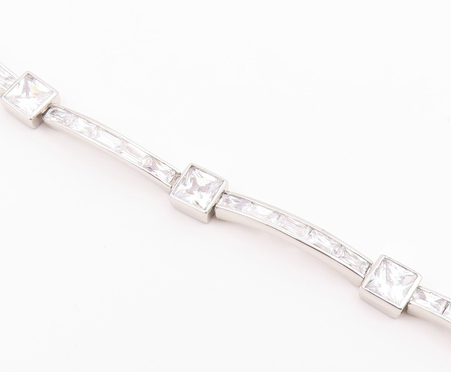 925 Sterling Silver  Vintage Shiny Cubic Zirconia Bar Chain Bracelet  BT8841