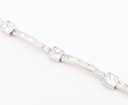 925 Sterling Silver  Vintage Shiny Cubic Zirconia Bar Chain Bracelet  BT8841