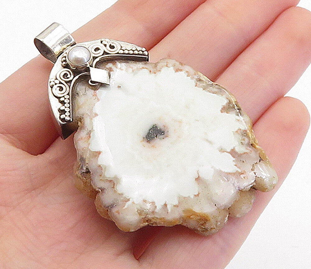 925 Sterling Silver  Vintage Brown & White Agate & Pearl Drop Pendant  PT5886