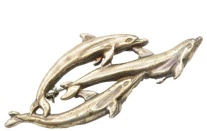 SHUBE 925 Sterling Silver  Vintage Swimming Dolphins Brooch Pin  BP5695