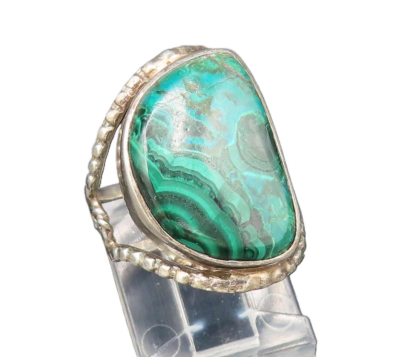 925 Sterling Silver  Vintage Open Frame Malachite Ring Sz 5.5  RG25380