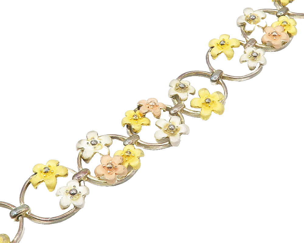 ROSS SIMON 925 Silver Vintage Three Tone Flower Motif Chain Bracelet BT6942