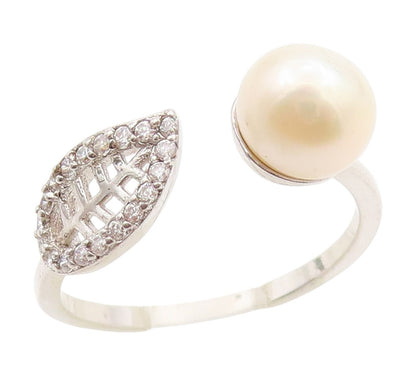 925 Sterling Silver Vintage Ring Elegant Pearl & CZ Floral Leaf  Sz 9  RG34244
