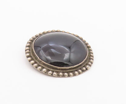 925 Sterling Silver  Vintage Cabochon Cut Black Onyx Round Brooch Pin  BP5121