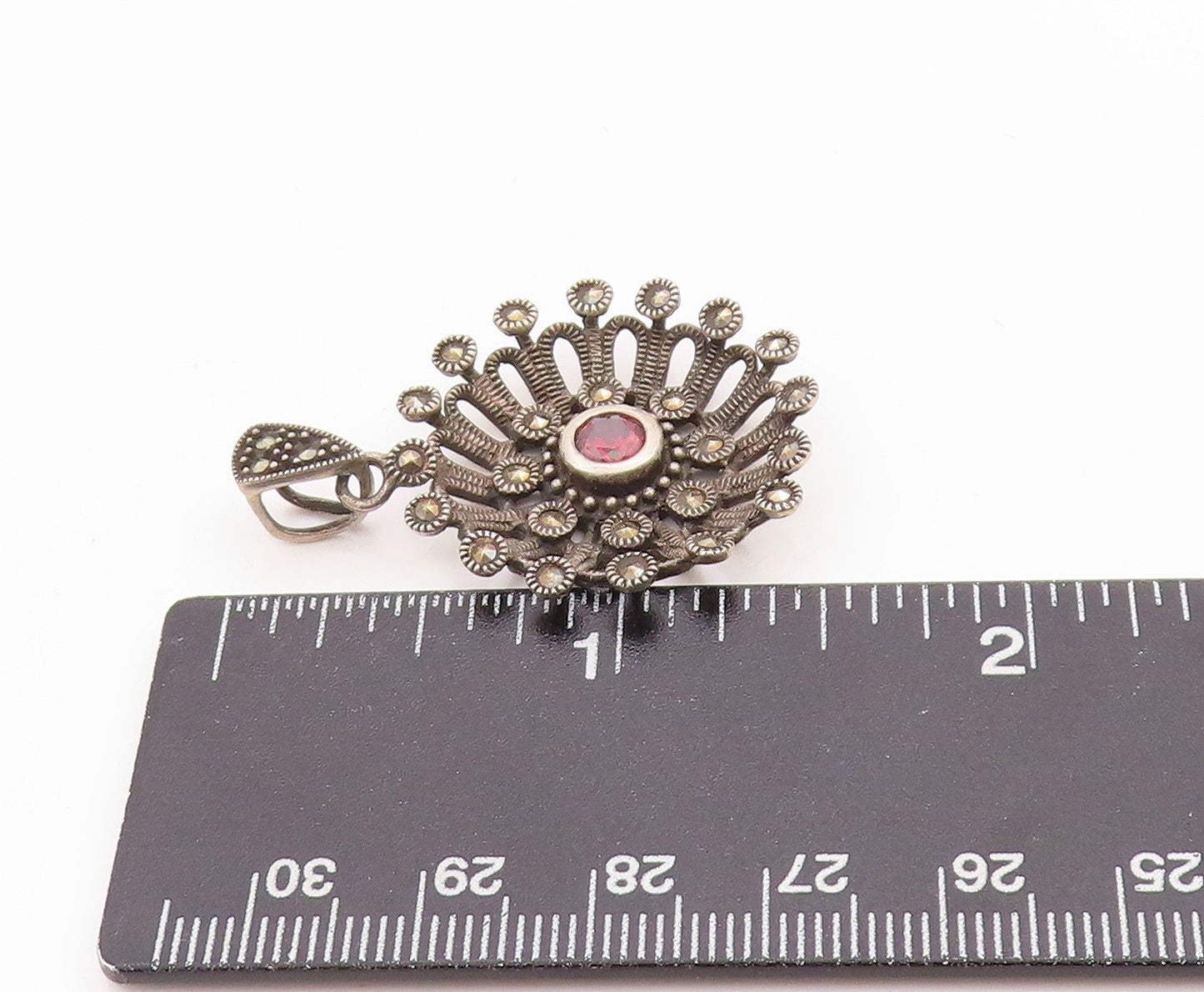 925 Sterling Silver Vintage Pendant Antique Design Cutout Garnet Flower  PT24595