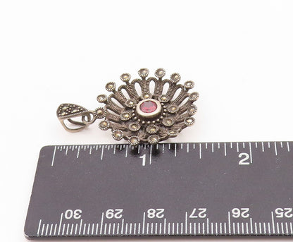 925 Sterling Silver Vintage Pendant Antique Design Cutout Garnet Flower  PT24595