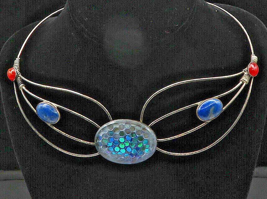 925 Sterling Silver  Vintage Lapis Lazuli & Carnelian Collar Necklace  NE3462