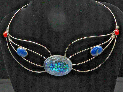 925 Sterling Silver  Vintage Lapis Lazuli & Carnelian Collar Necklace  NE3462