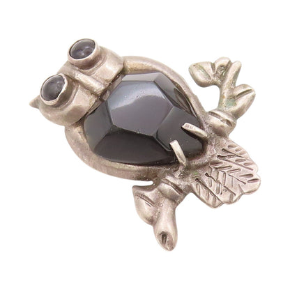 925 Sterling Silver Vintage Brooch MEXICO Onyx Inlay Carved Night Owl  BP11539