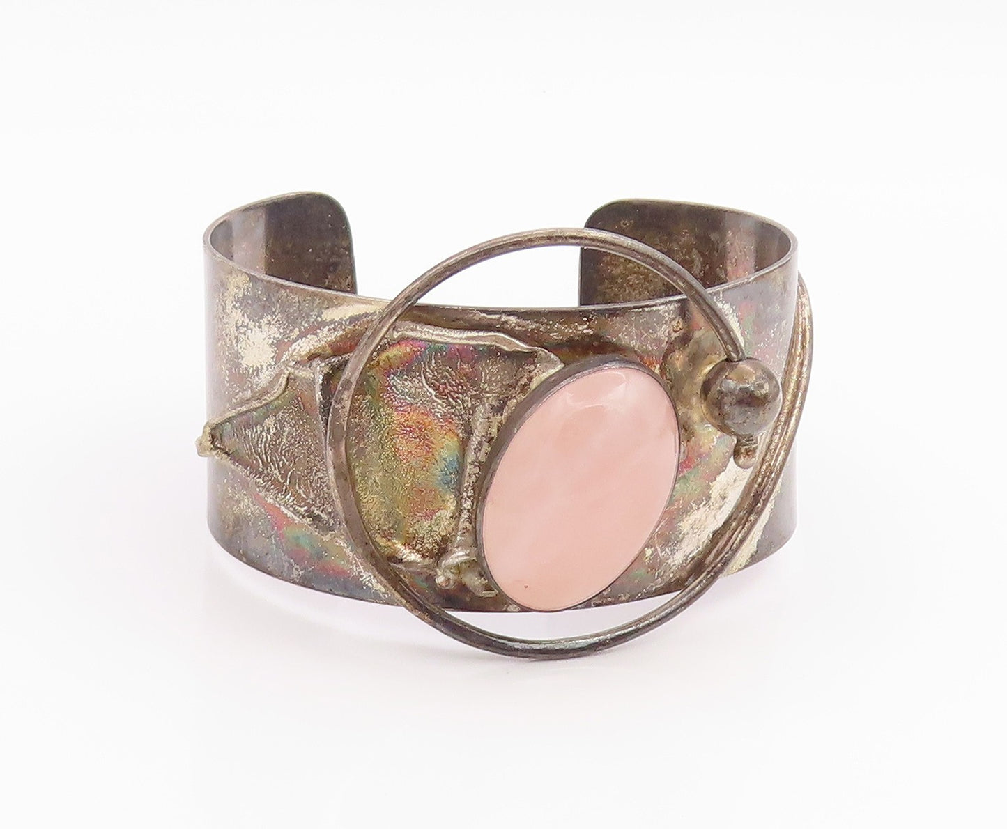 925 Sterling Silver Vintage Bracelet Cabochon Rose Quartz Wide Cuff  BT11975