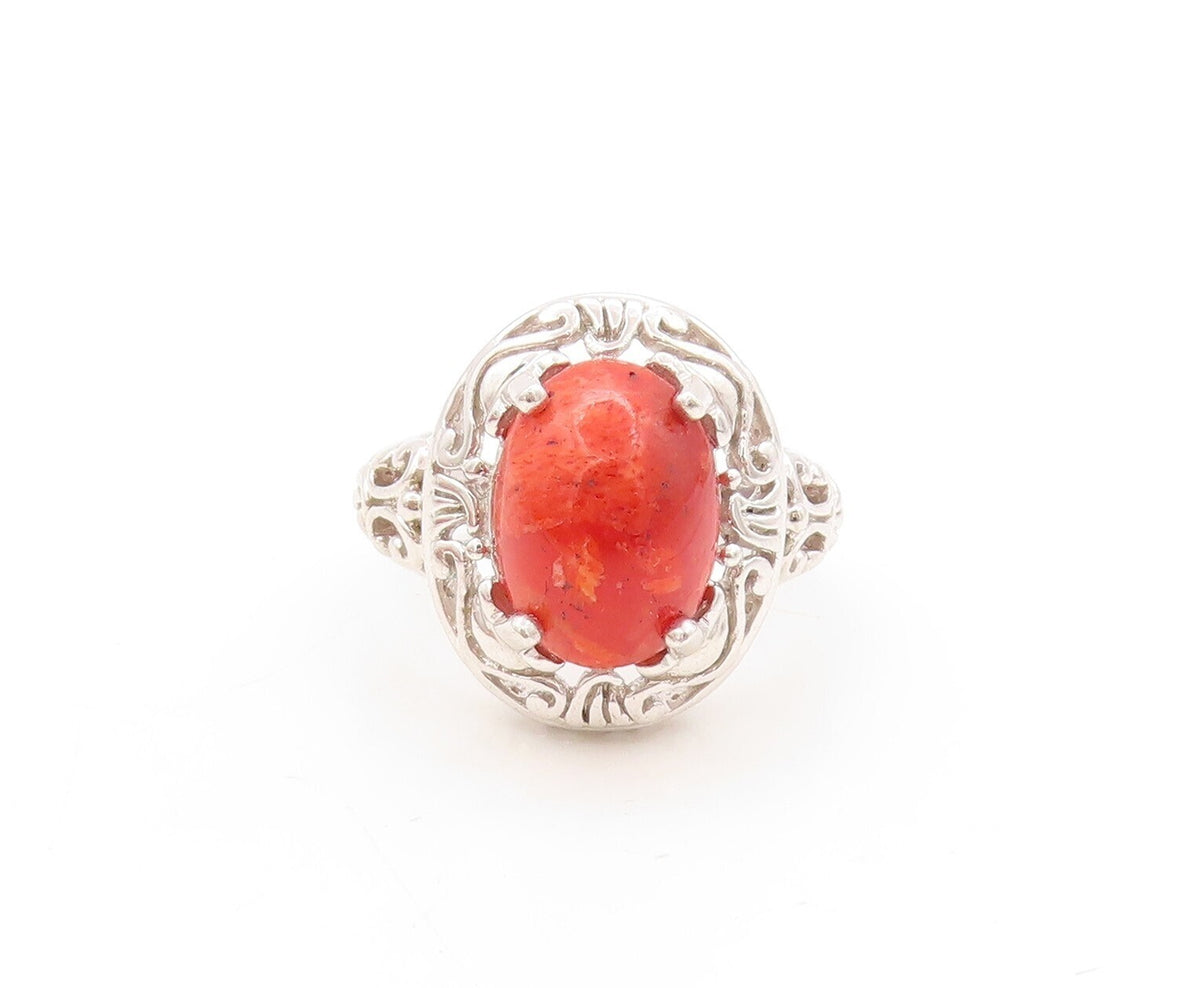 925 Sterling Silver Vintage Ring Swirly Carved Cabochon Gemstone Sz 9  RG31025