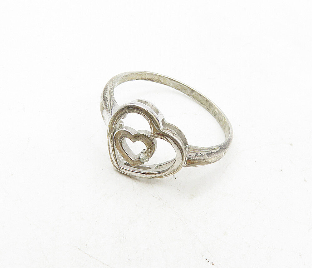 925 Sterling Silver  Vintage Genuine Diamond Heart Band Ring Sz 9.5  RG9095