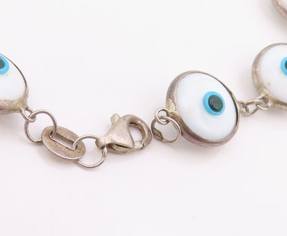 925 Sterling Silver Vintage Bracelet White Evil Eye Enamel Bead Link  BT11821