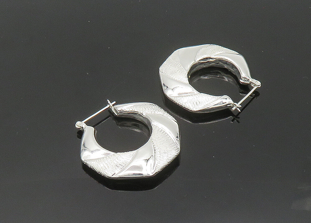 925 Sterling Silver  Vintage Shiny Textured Hollow Hoop Earrings  EG10410