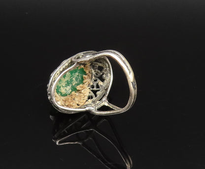 925 Silver  Vintage Cabochon Green Onyx Open Scroll Heart Ring Sz 5  RG25837