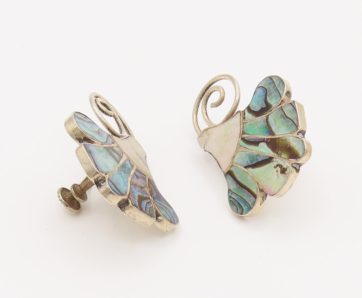 MEXICO 925 Silver  Vintage Mother Of Pearl & Abalone Shell Earrings  EG12346