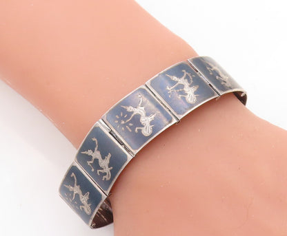 SIAM 925 Sterling Silver Vintage Niello Dancer Square Link Chain Bracelet BT2469