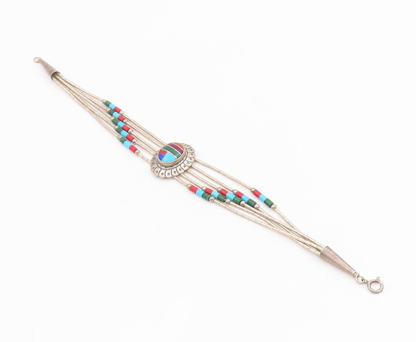925 Sterling Silver Vintage Bracelet SOUTHWESTERN Multi Gemstone Inlay BT11526
