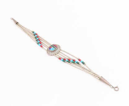 925 Sterling Silver Vintage Bracelet SOUTHWESTERN Multi Gemstone Inlay BT11526