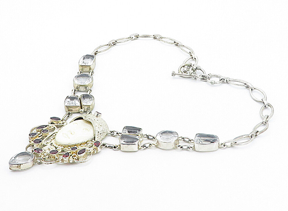 925 Silver  Vintage Red & White Topaz Carved Face Chain Necklace  NE1245