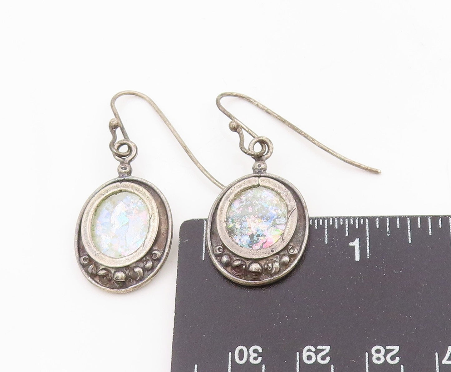 925 Sterling Silver Vintage Earrings Elegant Oval Roman Glass Dangles  EG13803