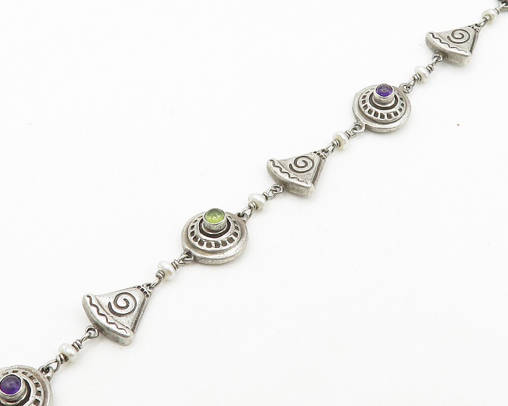 MWD 925 Silver  Vintage Peridot Amethyst & Petite Pearls Chain Bracelet BT7106