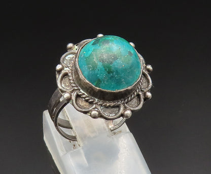 925 Sterling Silver Vintage Cabochon Cut Chrysocolla Flower Ring Sz 8 RG24730