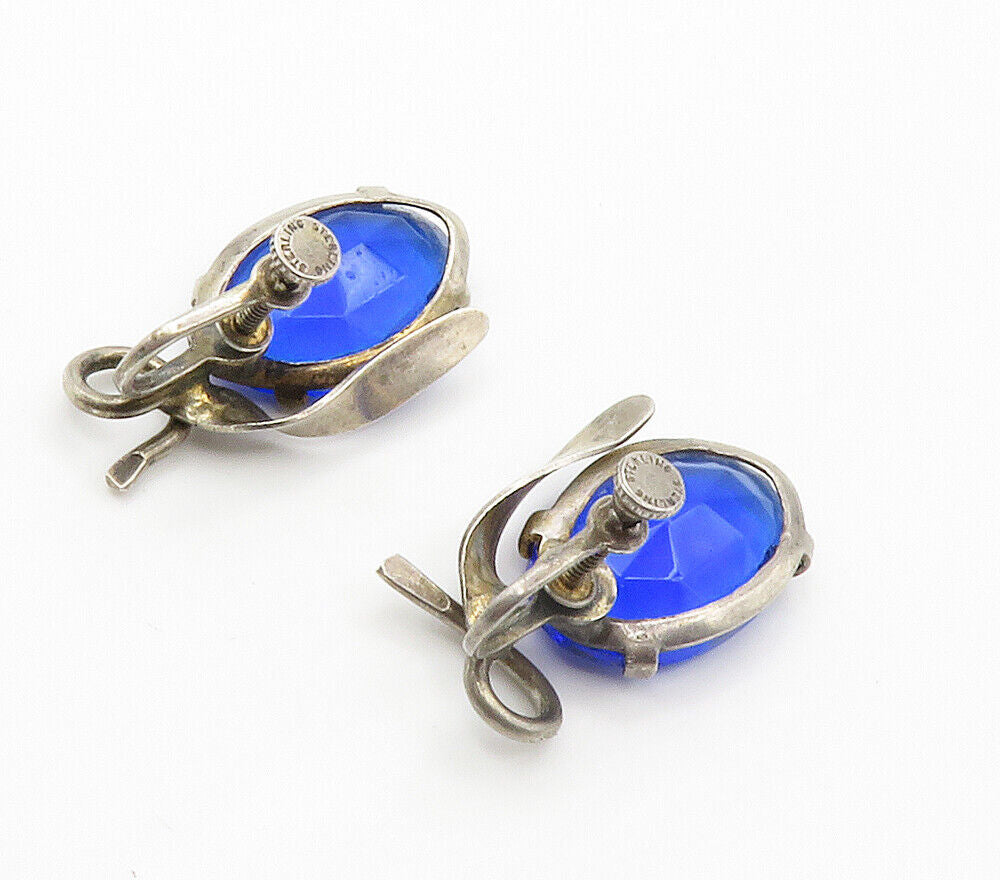 925 Sterling Silver  Vintage Blue Topaz Non Pierce Drop Earrings  EG7534