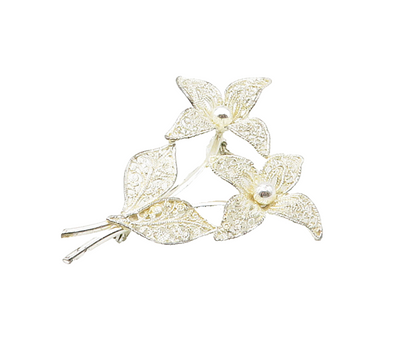925 Sterling Silver  Vintage Shiny Filigree Flowers Motif Brooch Pin  BP6471