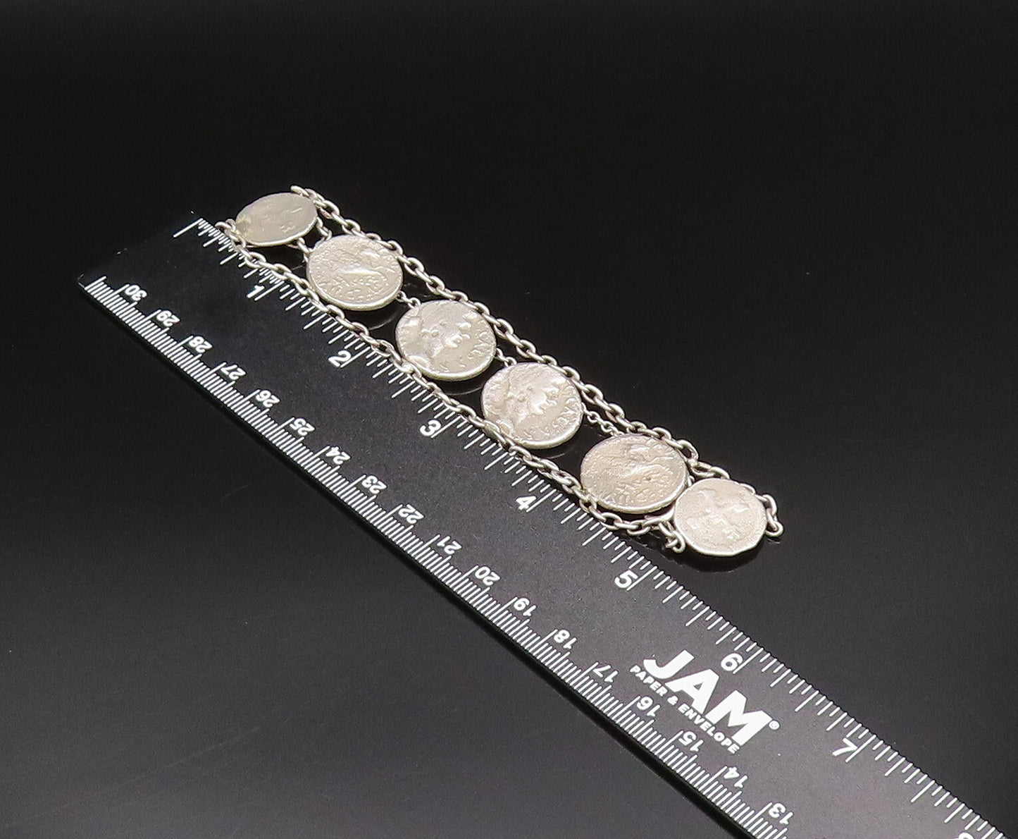 925 Sterling Silver  Vintage Double Chain Carved Coin Motif Bracelet  BT9547