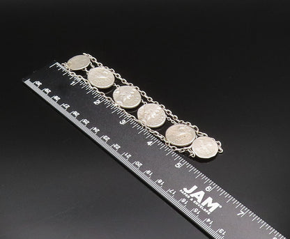 925 Sterling Silver  Vintage Double Chain Carved Coin Motif Bracelet  BT9547