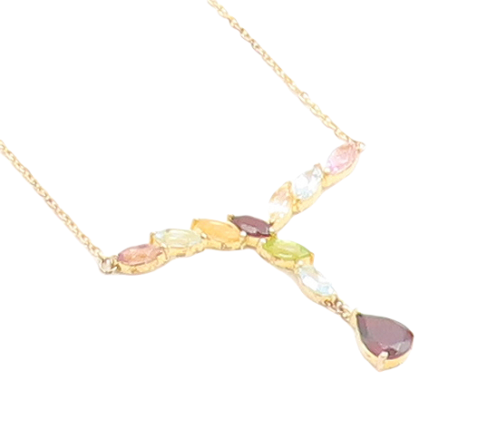 925 Sterling Silver Garnet & Multi Stone Gold Plated Chain Necklace NE1944