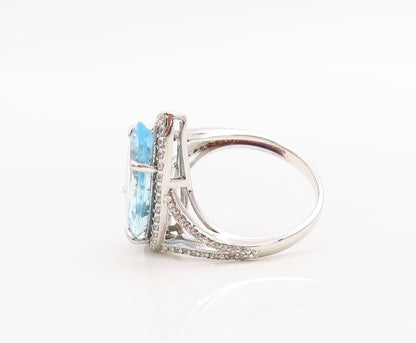 925 Sterling Silver Vintage Ring Designer Drop Cut Blue & White CZ Sz 7  RG30558