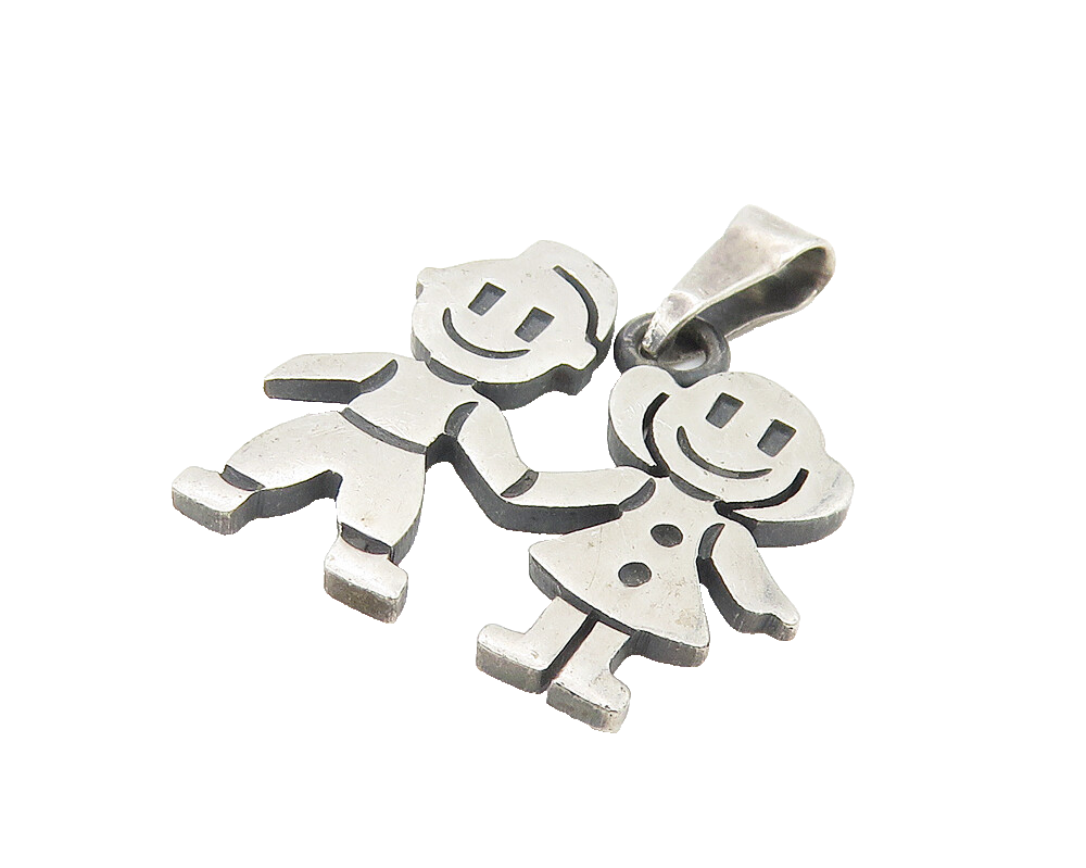 MEXICO 925 Sterling Silver  Vintage Happy Little Girl & Boy Pendant  PT9209
