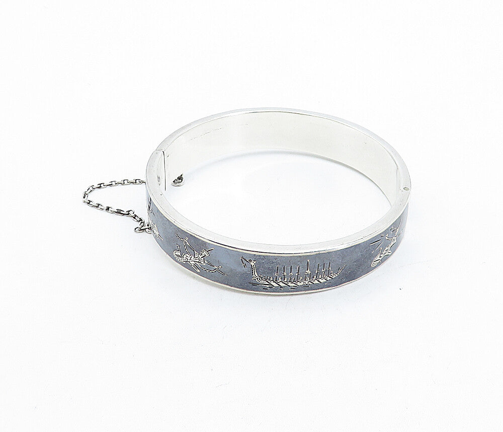 SIAM 925 Silver  Vintage Black Enamel Niello Dancer Bangle Bracelet  BT1536