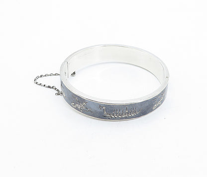 SIAM 925 Silver  Vintage Black Enamel Niello Dancer Bangle Bracelet  BT1536