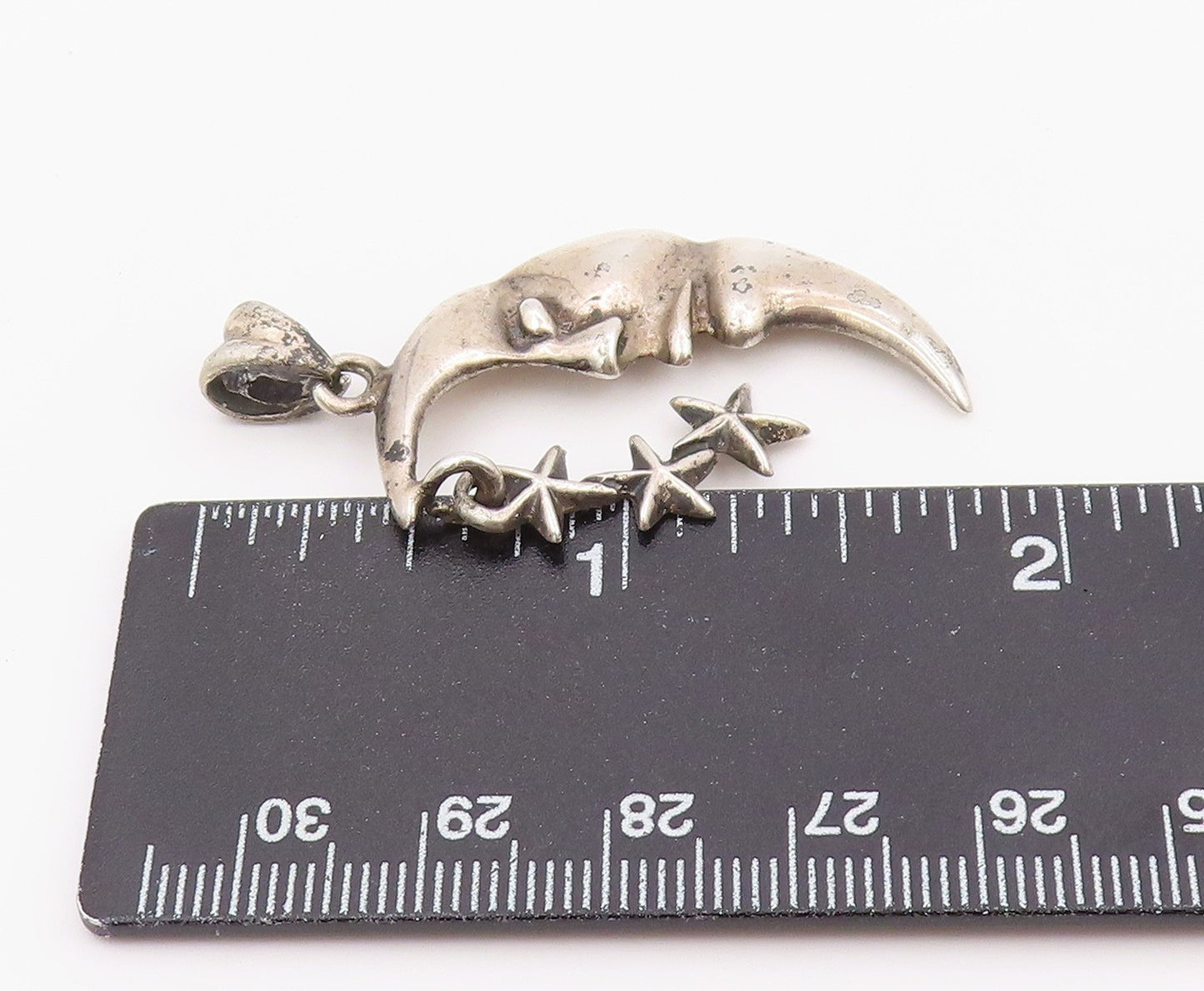 925 Sterling Silver Vintage Pendant Sleeping Crescent Moon & Triple Star PT26400