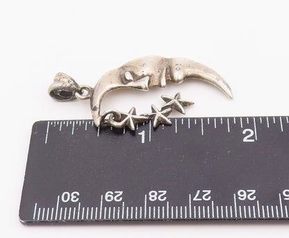 925 Sterling Silver Vintage Pendant Sleeping Crescent Moon & Triple Star PT26400